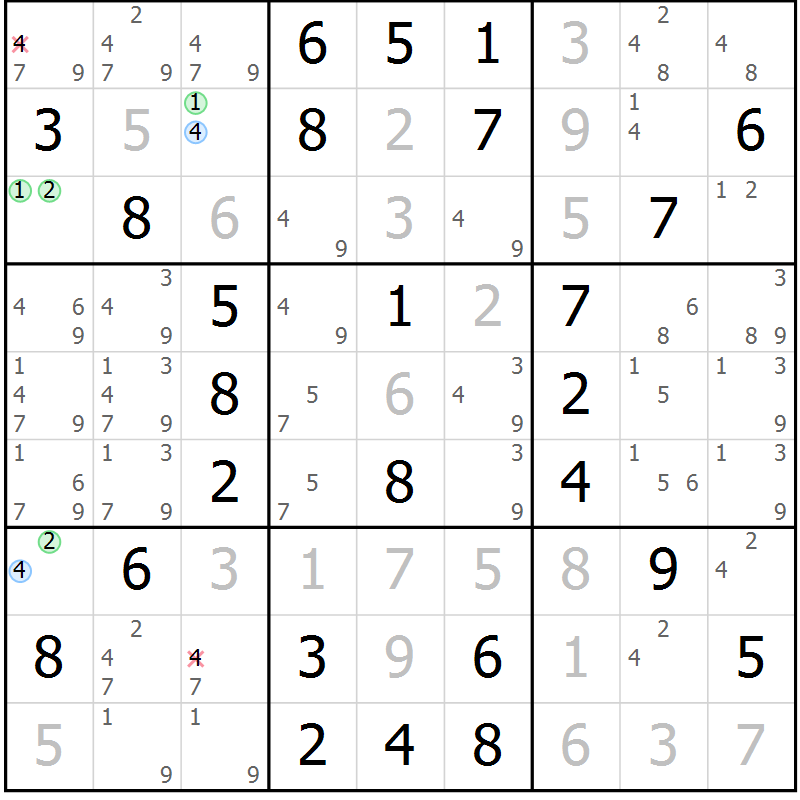 Position des candidats pour la solution de la Gr 64 page 67 du magazine de sudoku Virtuose n° 115