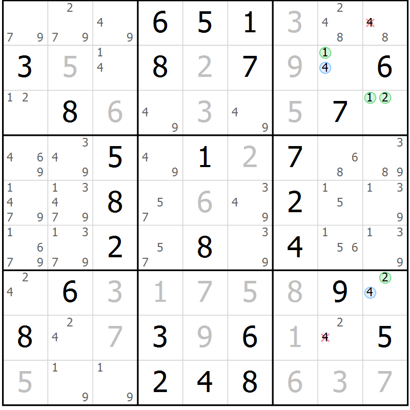 Position des candidats pour la solution de la Gr 64 page 67 du magazine de sudoku Virtuose n° 115