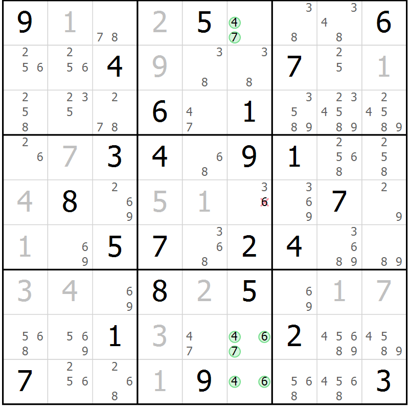 Position des candidats pour la solution de la Gr 67 page 70 du magazine de sudoku Virtuose n° 115