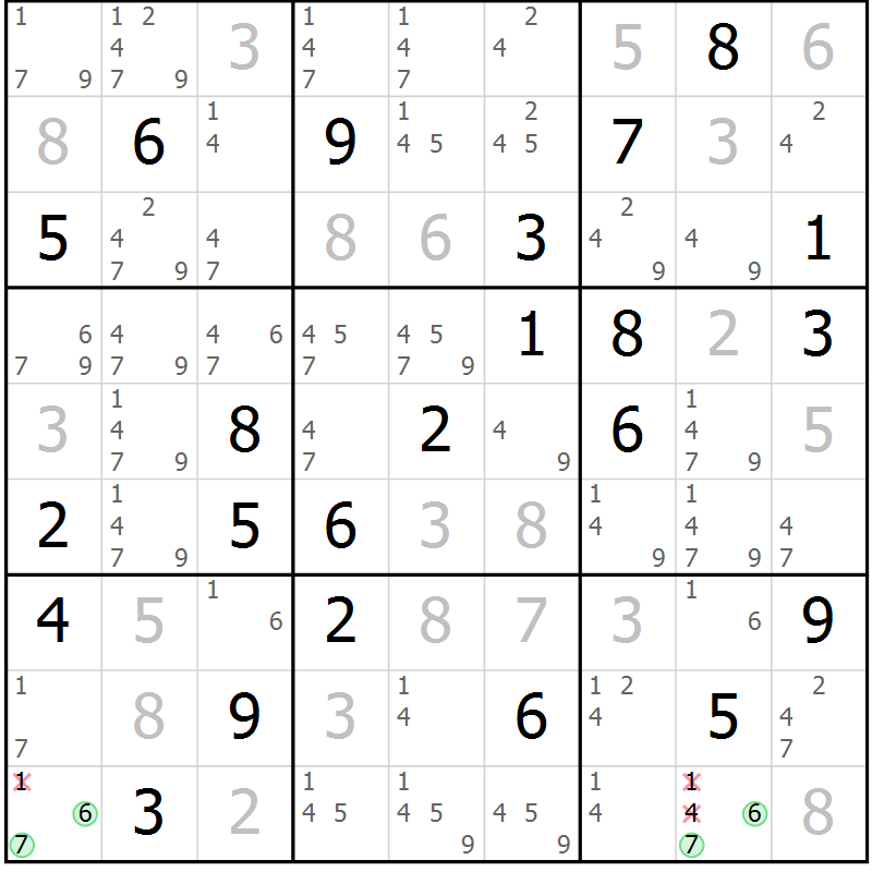 Position des candidats pour la solution de la Gr 69 page 72 du magazine de sudoku Virtuose n° 115