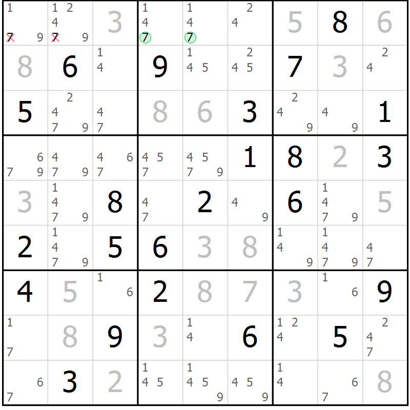 Position des candidats pour la solution de la Gr 69 page 72 du magazine de sudoku Virtuose n° 115