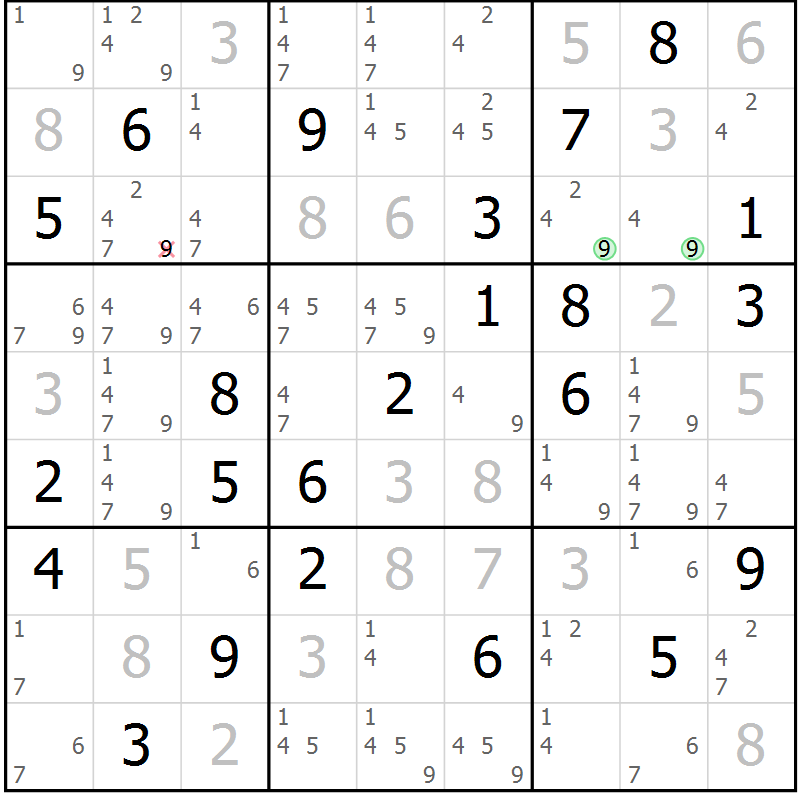 Position des candidats pour la solution de la Gr 69 page 72 du magazine de sudoku Virtuose n° 115