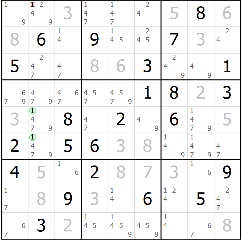 Position des candidats pour la solution de la Gr 69 page 72 du magazine de sudoku Virtuose n° 115