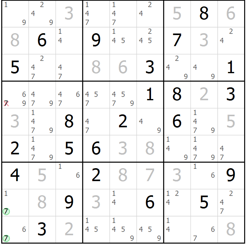 Position des candidats pour la solution de la Gr 69 page 72 du magazine de sudoku Virtuose n° 115
