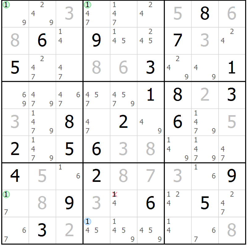 Position des candidats pour la solution de la Gr 69 page 72 du magazine de sudoku Virtuose n° 115
