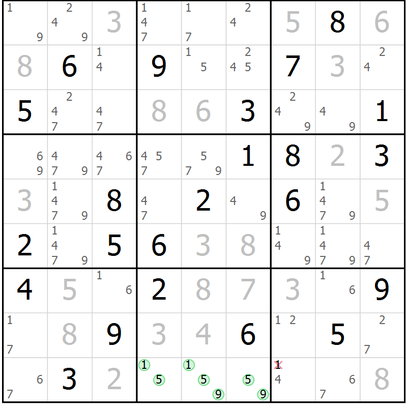 Position des candidats pour la solution de la Gr 69 page 72 du magazine de sudoku Virtuose n° 115