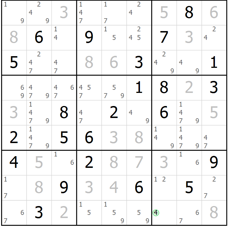Position des candidats pour la solution de la Gr 69 page 72 du magazine de sudoku Virtuose n° 115