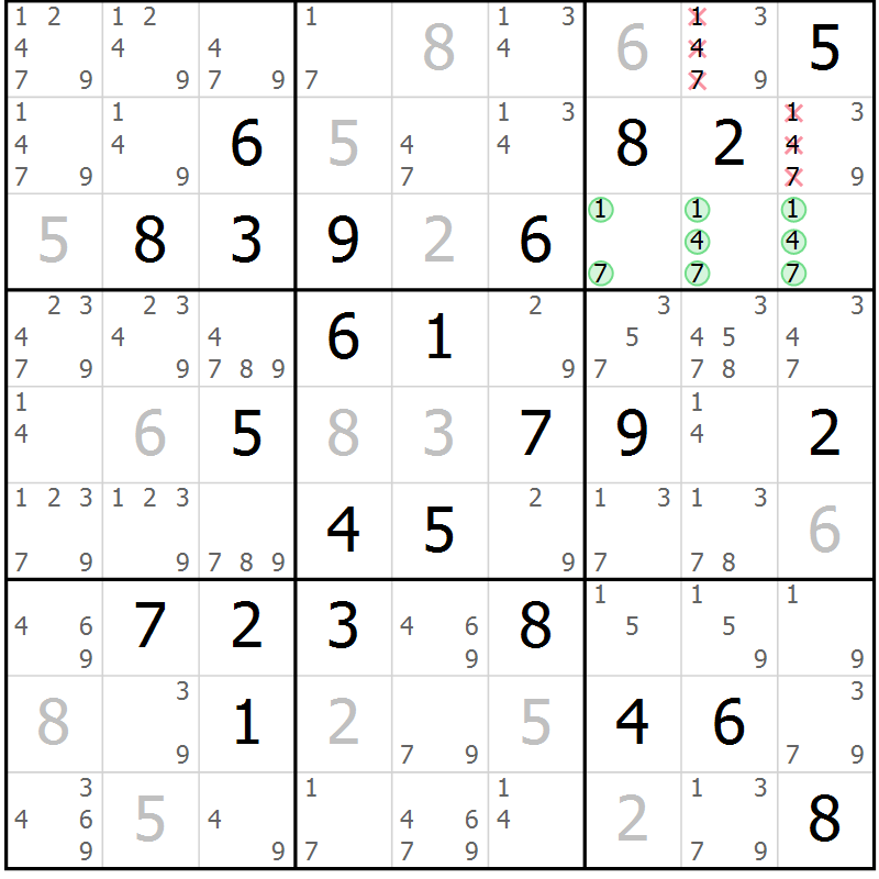 Position des candidats pour la solution de la Gr 70 page 73 du magazine de sudoku Virtuose n° 115