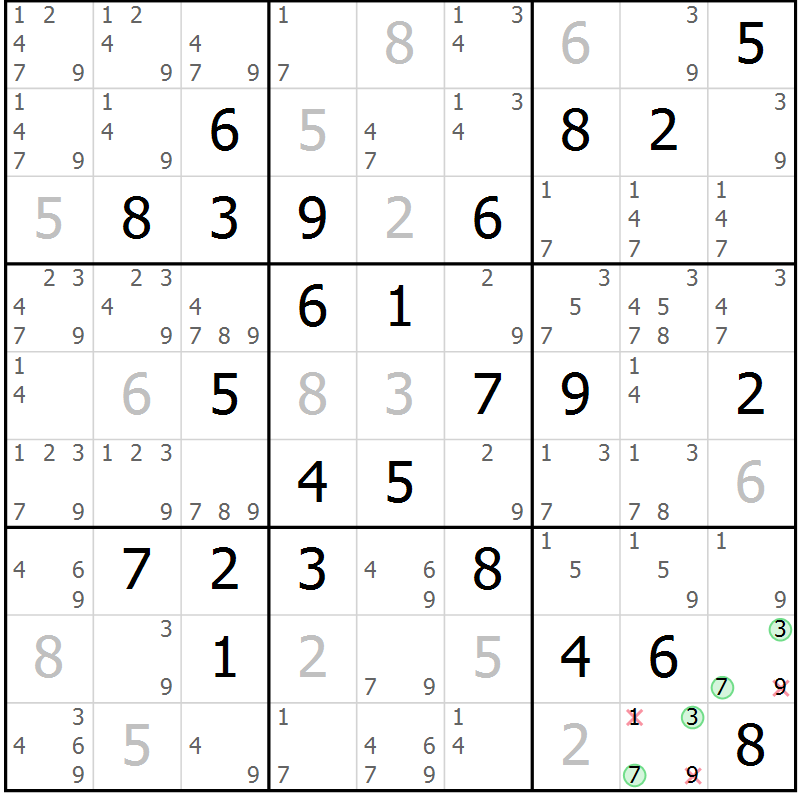 Position des candidats pour la solution de la Gr 70 page 73 du magazine de sudoku Virtuose n° 115
