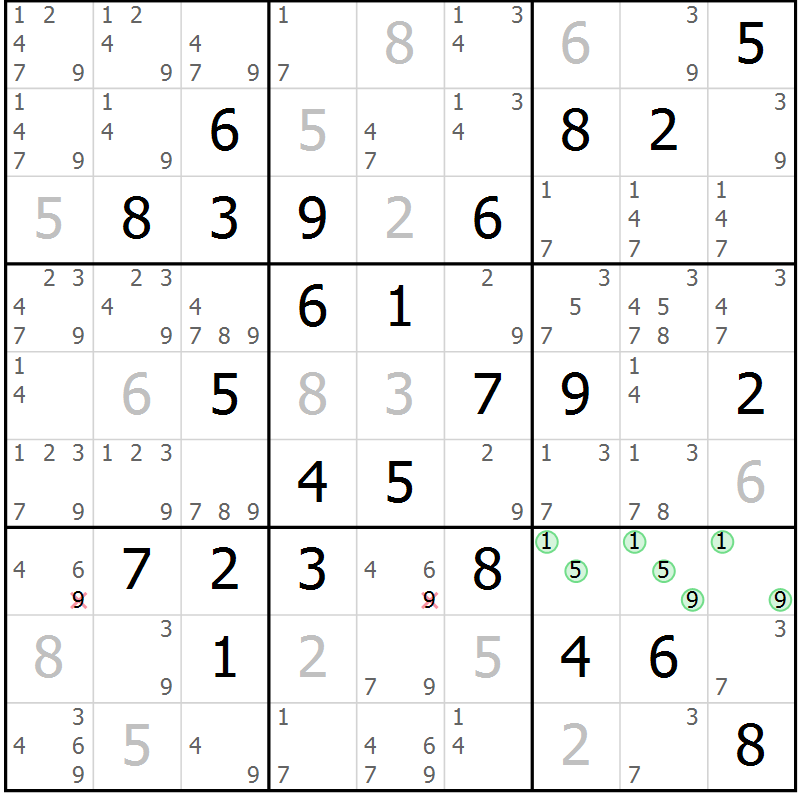Position des candidats pour la solution de la Gr 70 page 73 du magazine de sudoku Virtuose n° 115