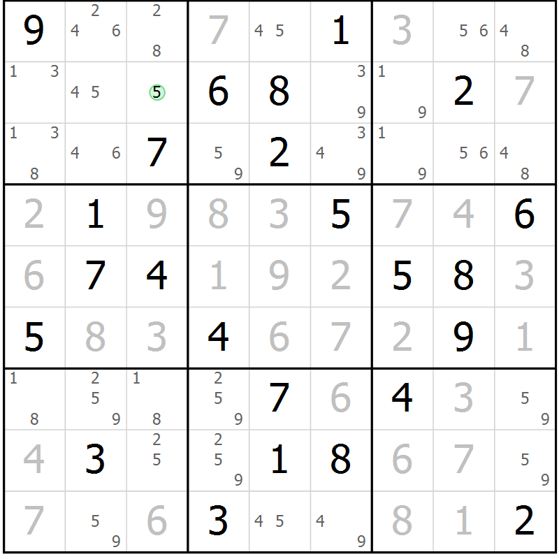 Position des candidats pour la solution de la Gr 71 page 74 du magazine de sudoku Virtuose n° 115