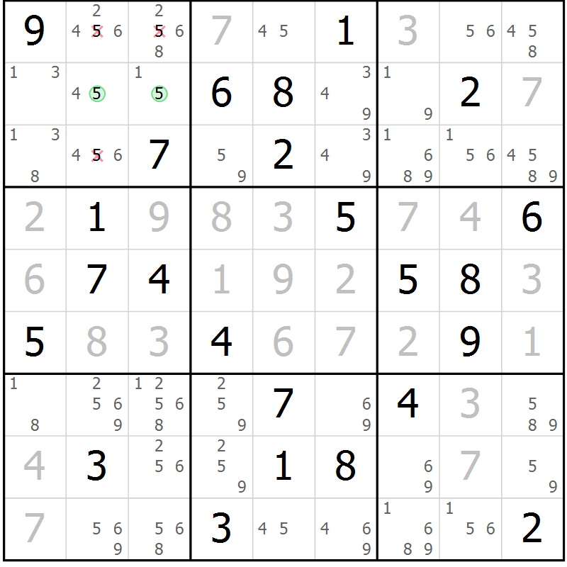 Position des candidats pour la solution de la Gr 71 page 74 du magazine de sudoku Virtuose n° 115