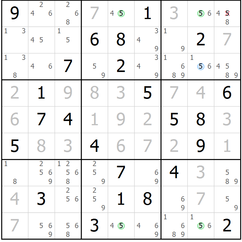Position des candidats pour la solution de la Gr 71 page 74 du magazine de sudoku Virtuose n° 115
