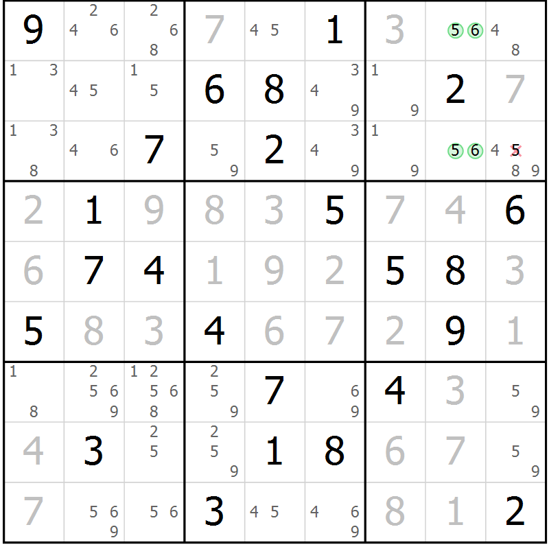 Position des candidats pour la solution de la Gr 71 page 74 du magazine de sudoku Virtuose n° 115