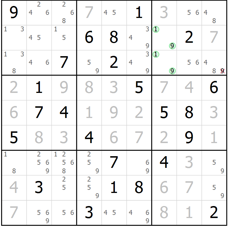 Position des candidats pour la solution de la Gr 71 page 74 du magazine de sudoku Virtuose n° 115