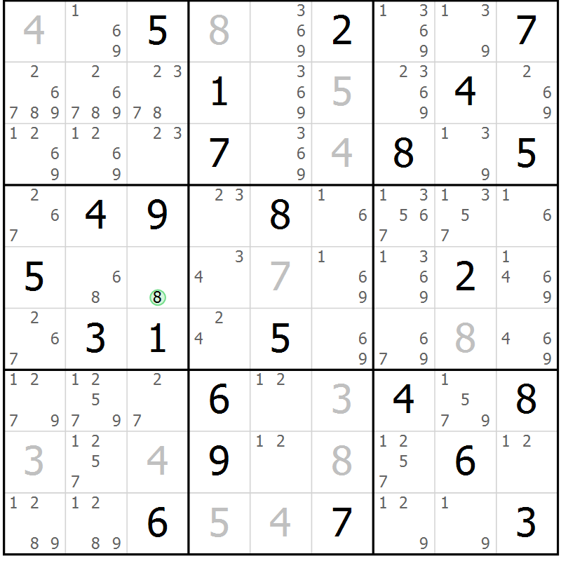 Position des candidats pour la solution de la Gr 72 page 75 du magazine de sudoku Virtuose n° 115