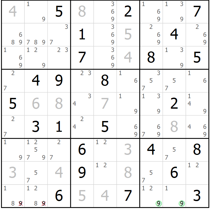 Position des candidats pour la solution de la Gr 72 page 75 du magazine de sudoku Virtuose n° 115