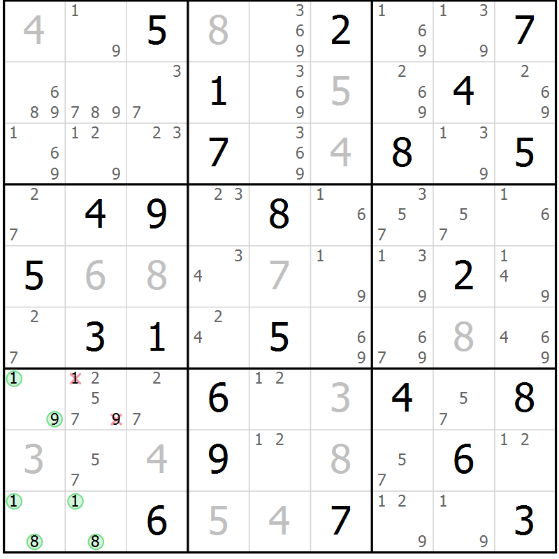 Position des candidats pour la solution de la Gr 72 page 75 du magazine de sudoku Virtuose n° 115