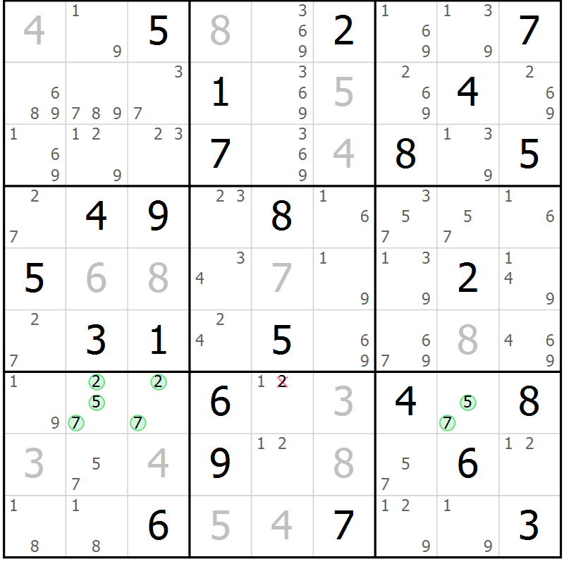 Position des candidats pour la solution de la Gr 72 page 75 du magazine de sudoku Virtuose n° 115