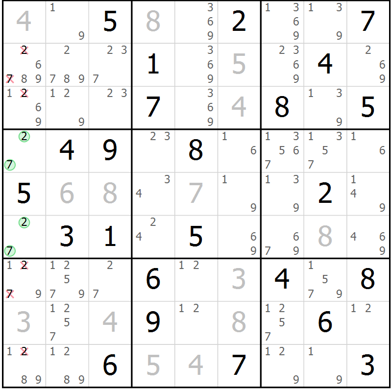 Position des candidats pour la solution de la Gr 72 page 75 du magazine de sudoku Virtuose n° 115