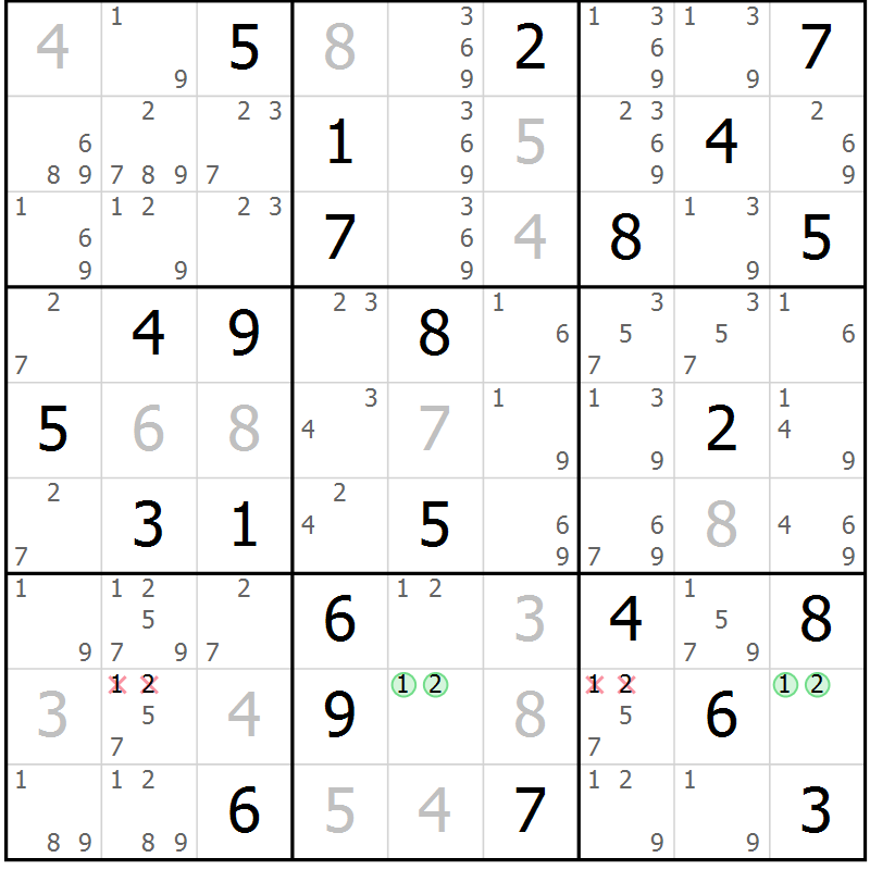 Position des candidats pour la solution de la Gr 72 page 75 du magazine de sudoku Virtuose n° 115