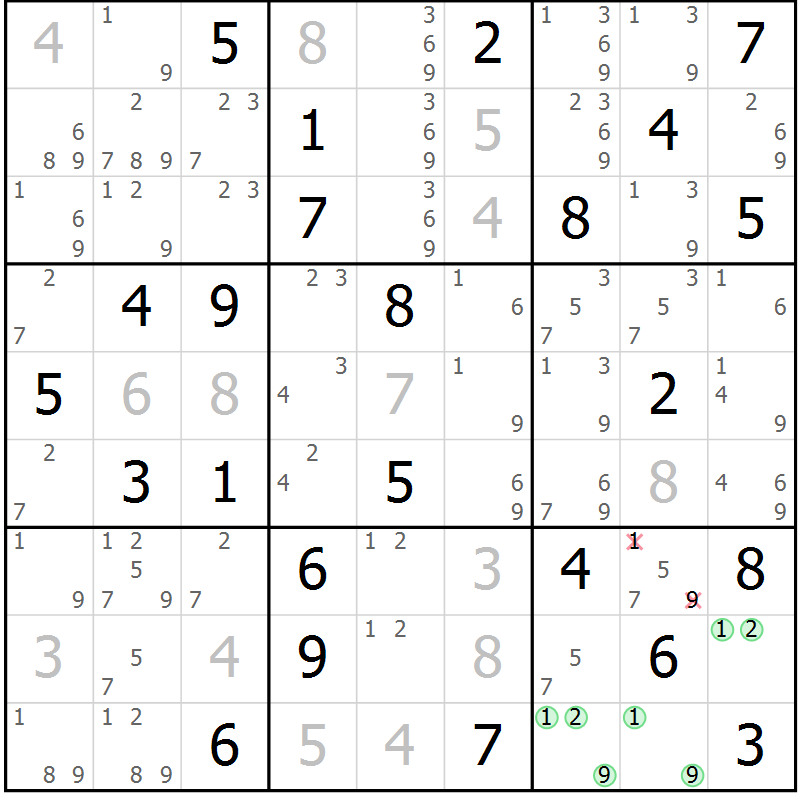 Position des candidats pour la solution de la Gr 72 page 75 du magazine de sudoku Virtuose n° 115