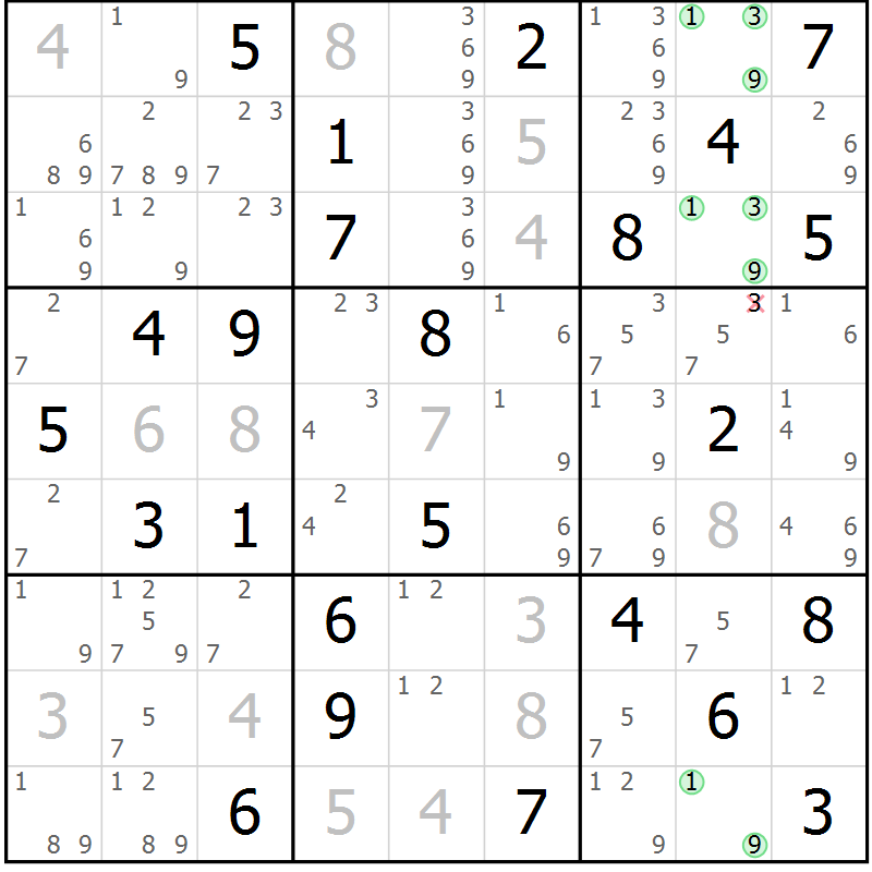 Position des candidats pour la solution de la Gr 72 page 75 du magazine de sudoku Virtuose n° 115