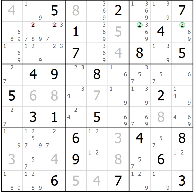 Position des candidats pour la solution de la Gr 72 page 75 du magazine de sudoku Virtuose n° 115