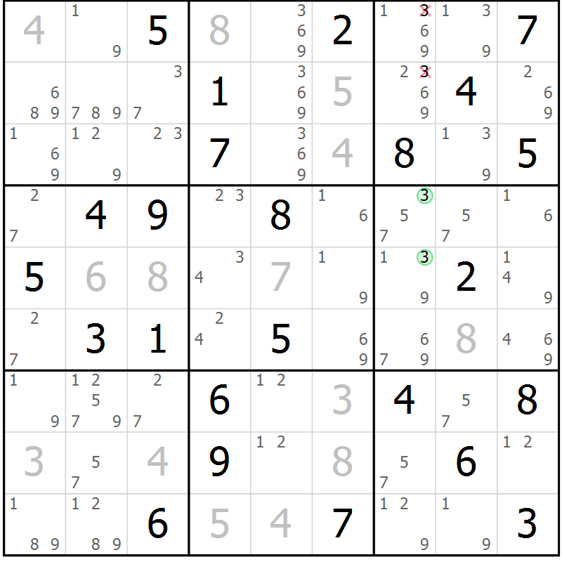Position des candidats pour la solution de la Gr 72 page 75 du magazine de sudoku Virtuose n° 115