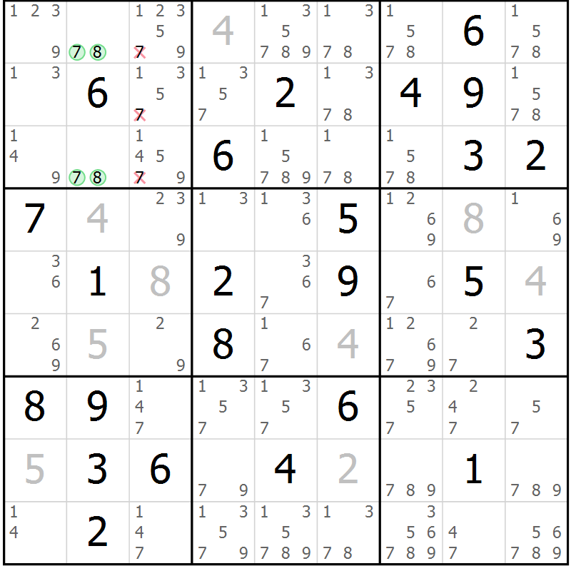 Position des candidats pour la solution de la Gr 73 page 76 du magazine de sudoku Virtuose n° 115
