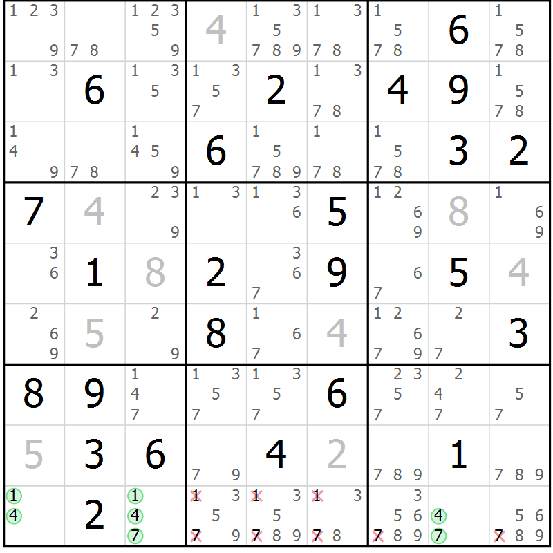 Position des candidats pour la solution de la Gr 73 page 76 du magazine de sudoku Virtuose n° 115