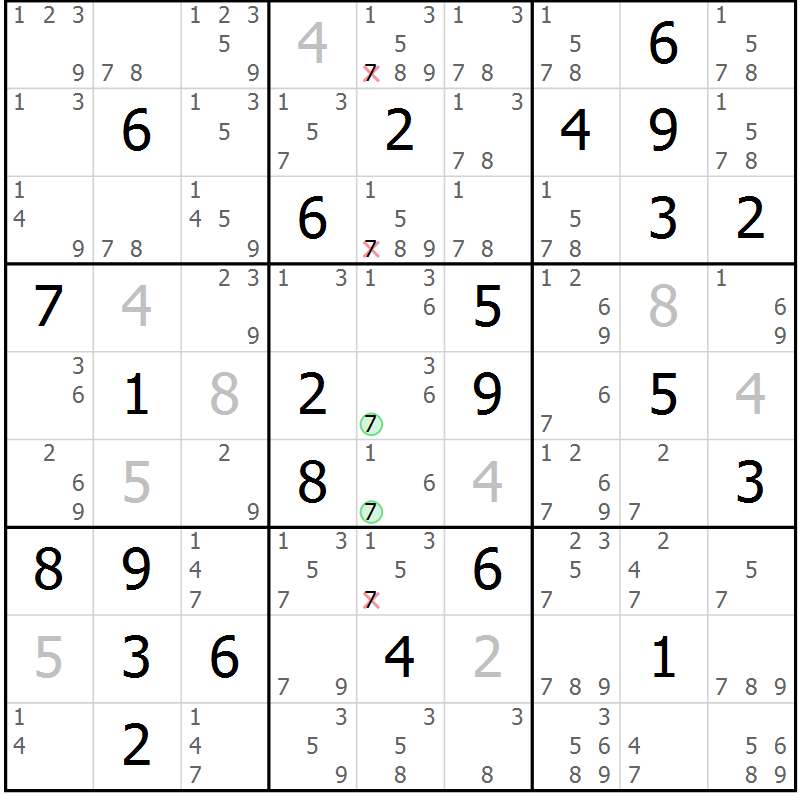 Position des candidats pour la solution de la Gr 73 page 76 du magazine de sudoku Virtuose n° 115