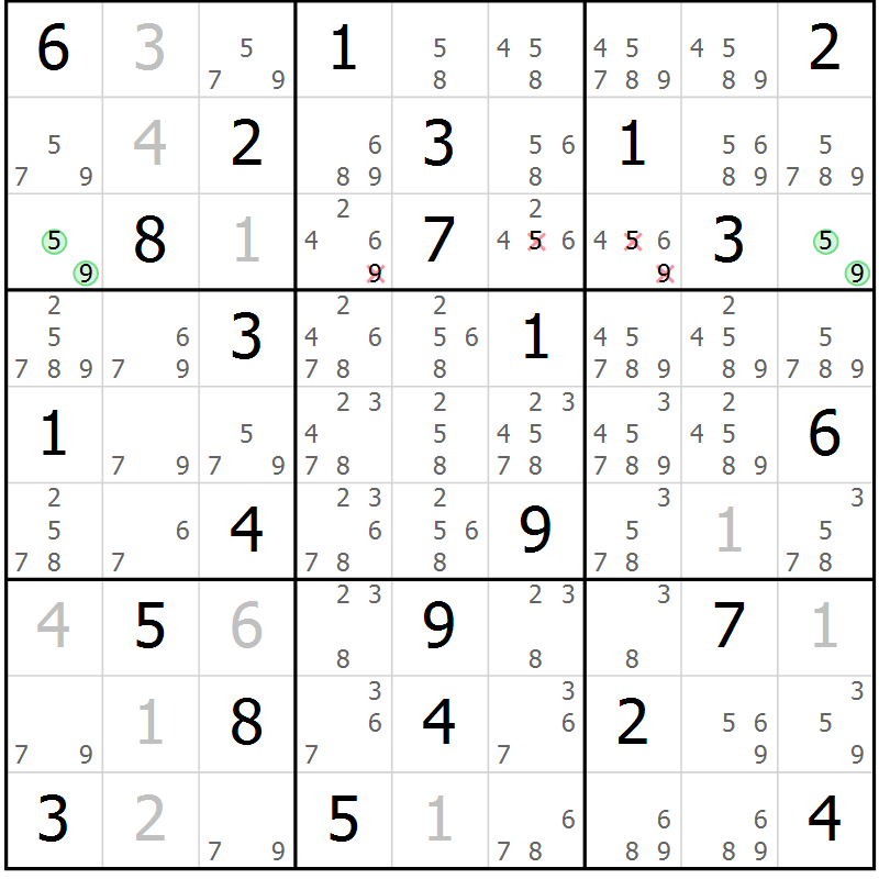 Position des candidats pour la solution de la Gr 74 page 77 du magazine de sudoku Virtuose n° 115