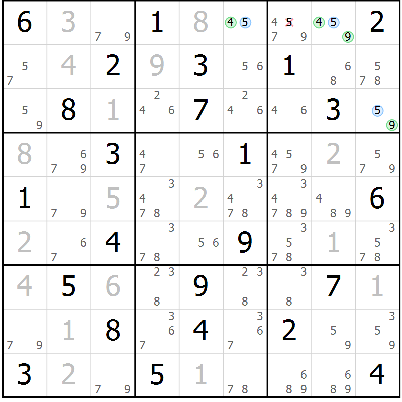Position des candidats pour la solution de la Gr 74 page 77 du magazine de sudoku Virtuose n° 115
