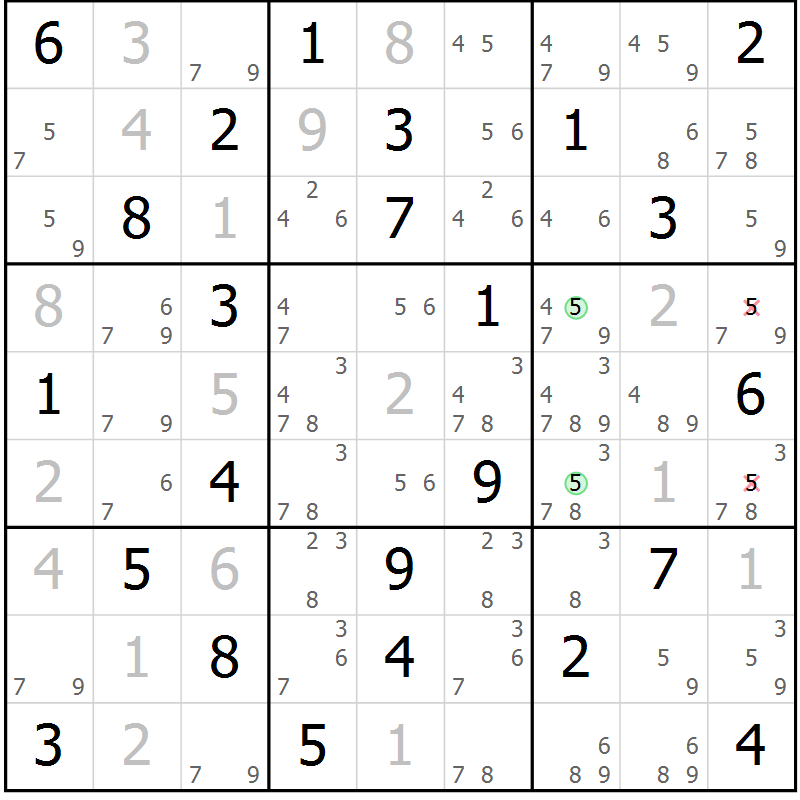 Position des candidats pour la solution de la Gr 74 page 77 du magazine de sudoku Virtuose n° 115