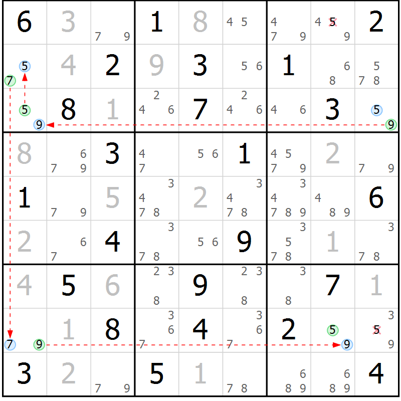 Position des candidats pour la solution de la Gr 74 page 77 du magazine de sudoku Virtuose n° 115