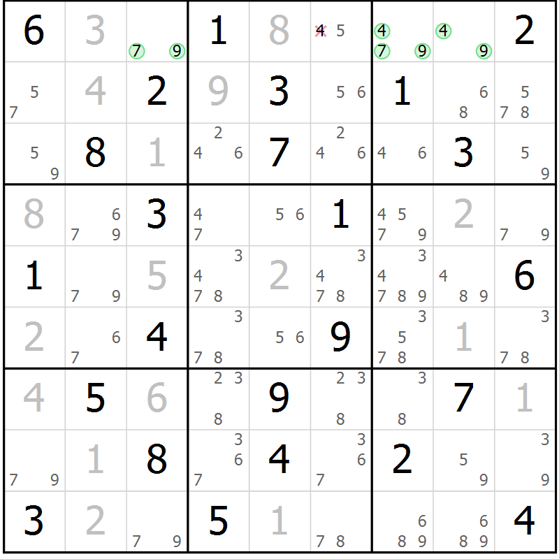 Position des candidats pour la solution de la Gr 74 page 77 du magazine de sudoku Virtuose n° 115