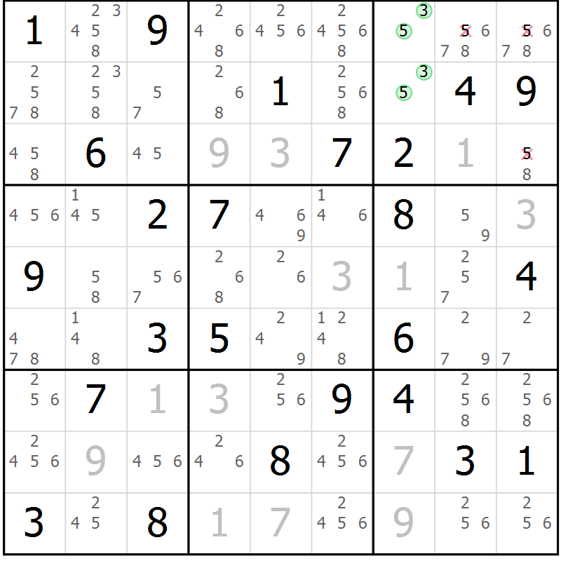 Position des candidats pour la solution de la Gr 76 page 79 du magazine de sudoku Virtuose n° 115