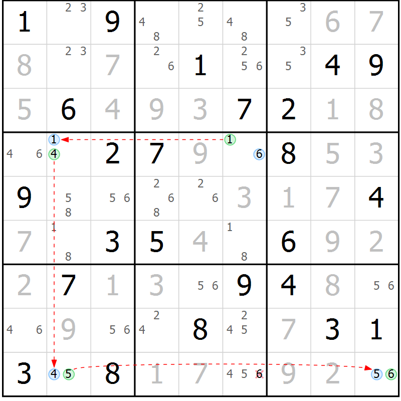 Position des candidats pour la solution de la Gr 76 page 79 du magazine de sudoku Virtuose n° 115
