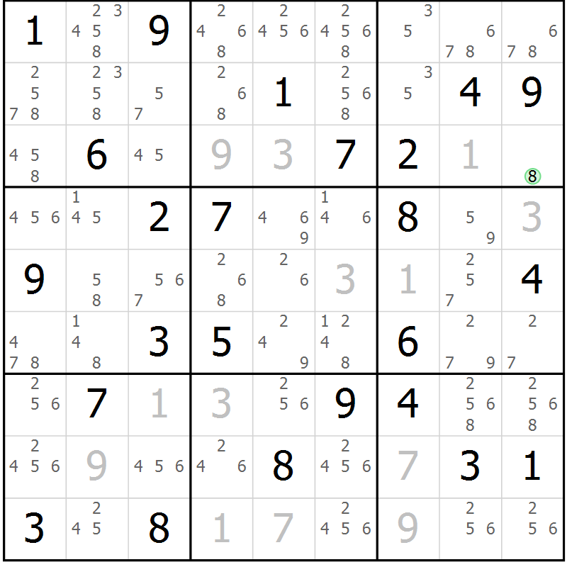 Position des candidats pour la solution de la Gr 76 page 79 du magazine de sudoku Virtuose n° 115