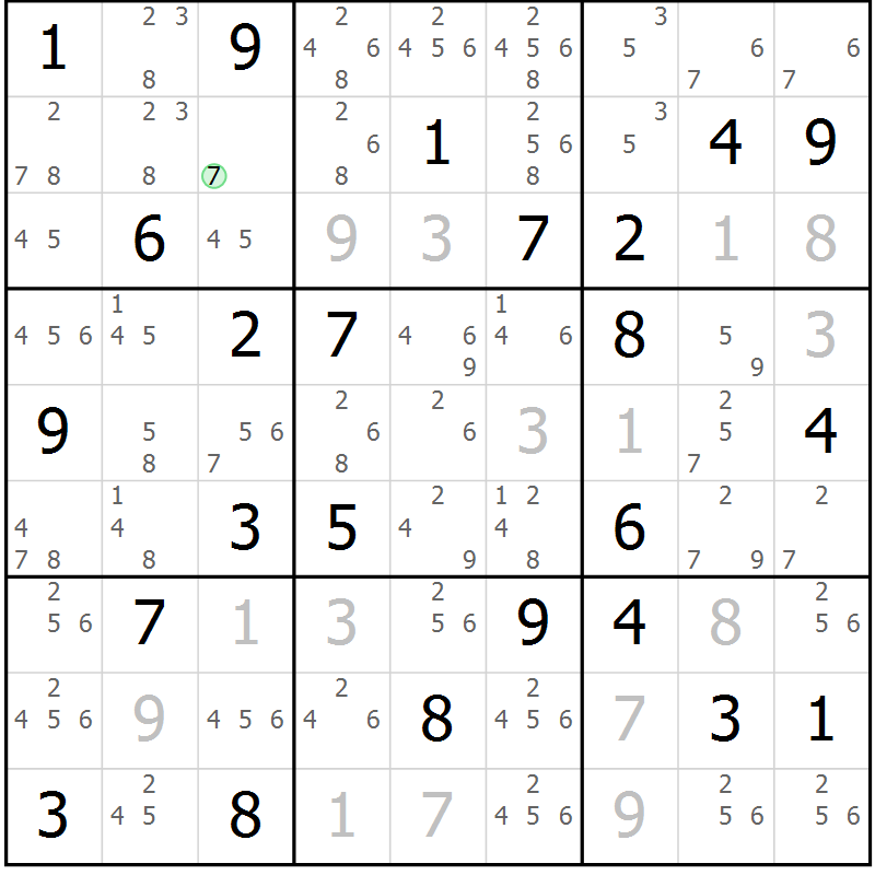 Position des candidats pour la solution de la Gr 76 page 79 du magazine de sudoku Virtuose n° 115