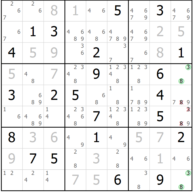 Position des candidats pour la solution de la Gr 8 page 11 du magazine de sudoku Virtuose n° 115
