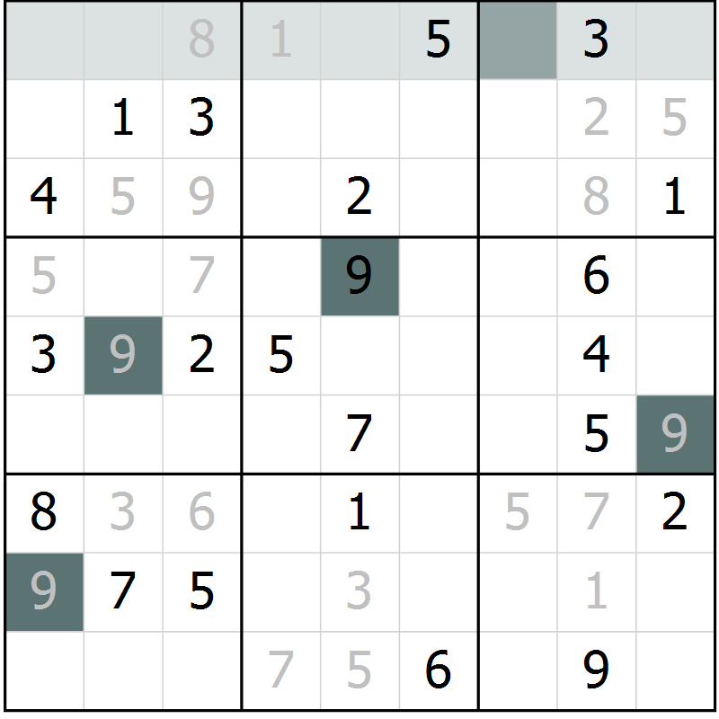 Position des candidats pour la solution de la Gr 8 page 11 du magazine de sudoku Virtuose n° 115