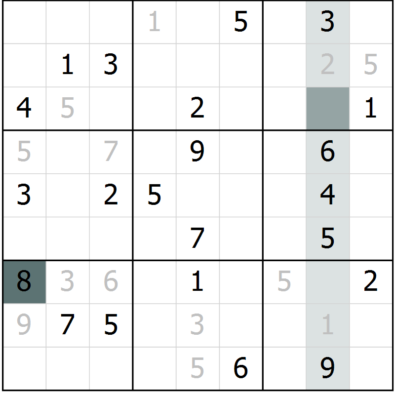 Position des candidats pour la solution de la Gr 8 page 11 du magazine de sudoku Virtuose n° 115