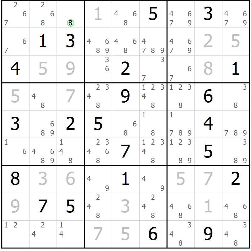 Position des candidats pour la solution de la Gr 8 page 11 du magazine de sudoku Virtuose n° 115