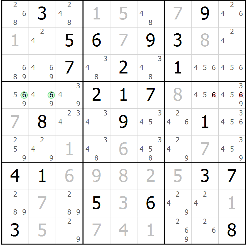 Position des candidats pour la solution de la Gr 81 page 84 du magazine de sudoku Virtuose n° 115