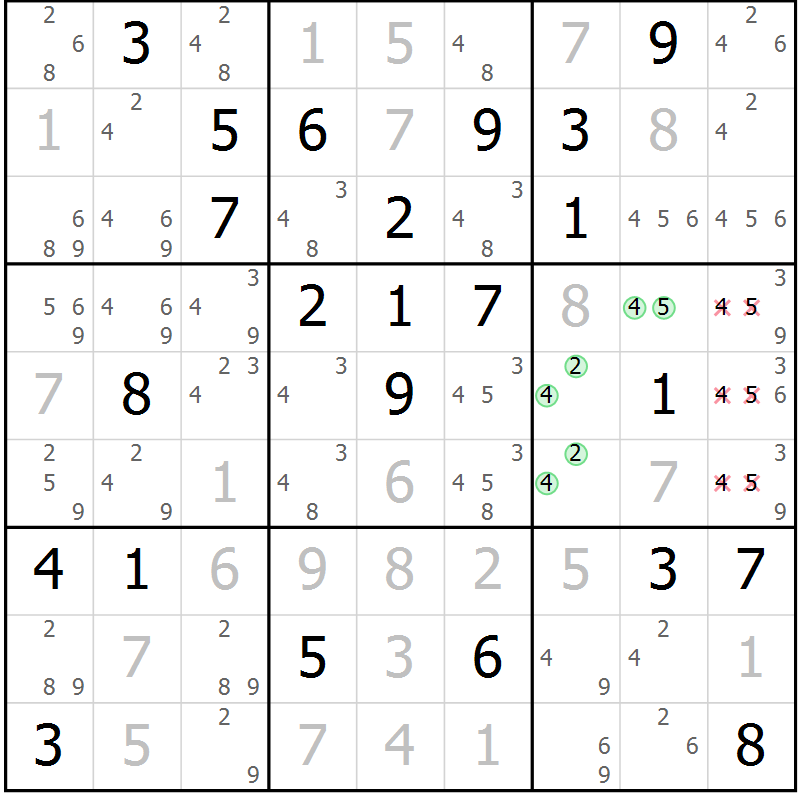 Position des candidats pour la solution de la Gr 81 page 84 du magazine de sudoku Virtuose n° 115