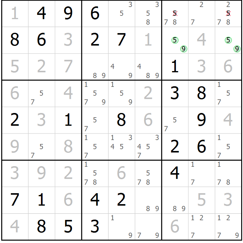 Position des candidats pour la solution de la Gr 82 page 85 du magazine de sudoku Virtuose n° 115