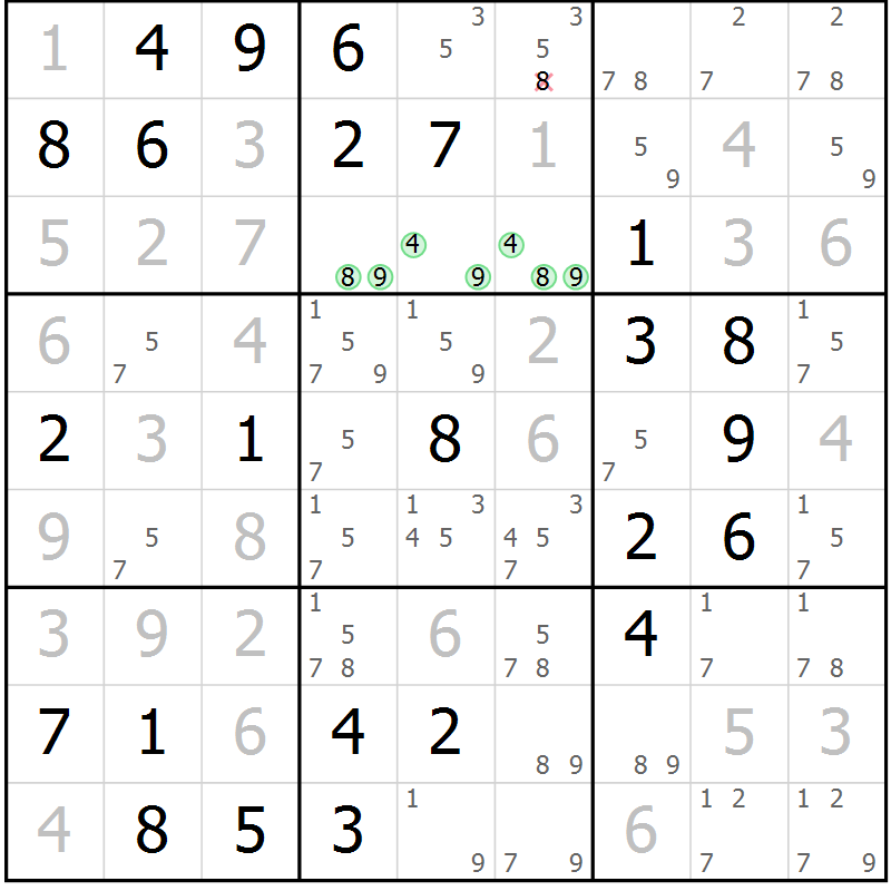 Position des candidats pour la solution de la Gr 82 page 85 du magazine de sudoku Virtuose n° 115