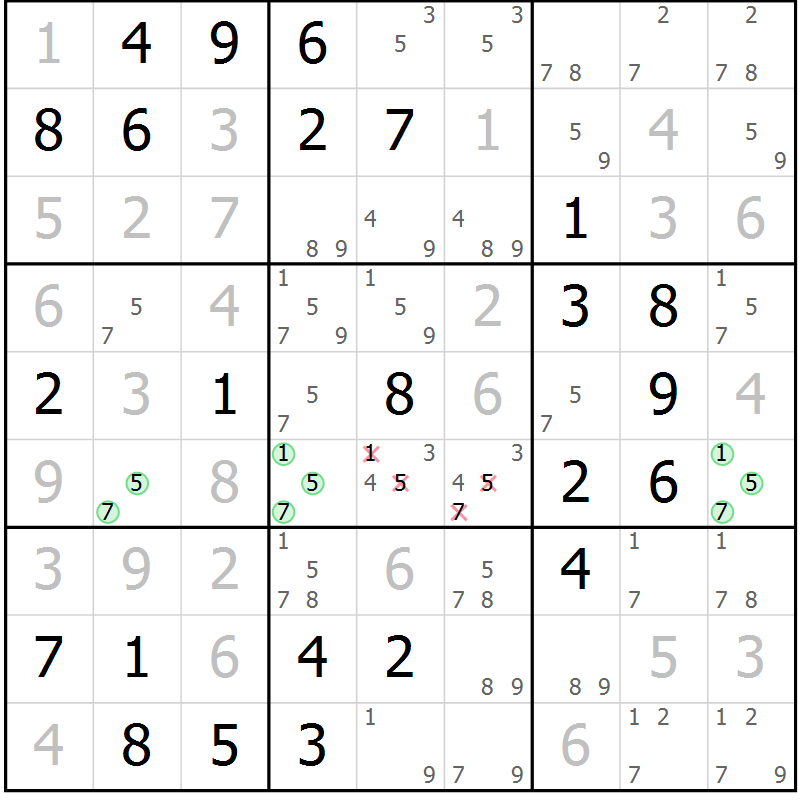 Position des candidats pour la solution de la Gr 82 page 85 du magazine de sudoku Virtuose n° 115